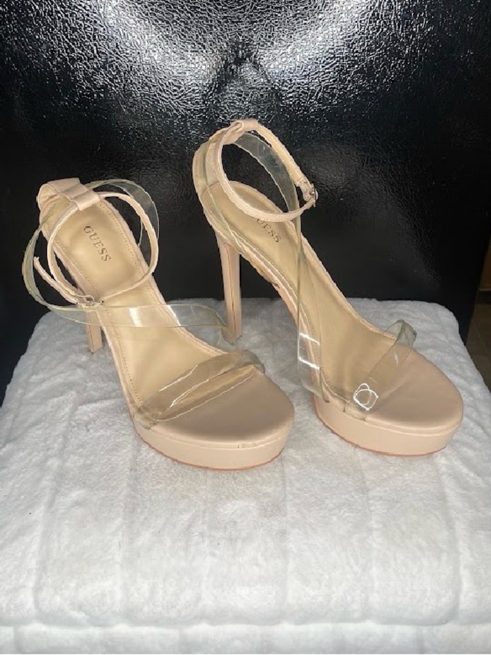 GUESS Blush Nude Platform High Heel Sandals with Clear Straps